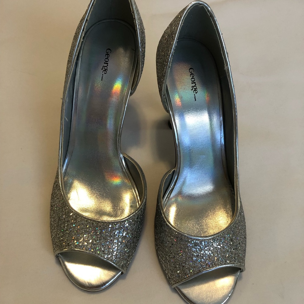 George Sparkling Silver Open-Toe Heels